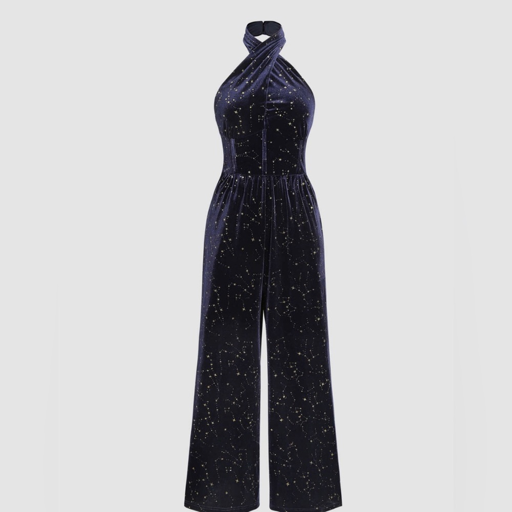 Velvet halter jumpsuit.